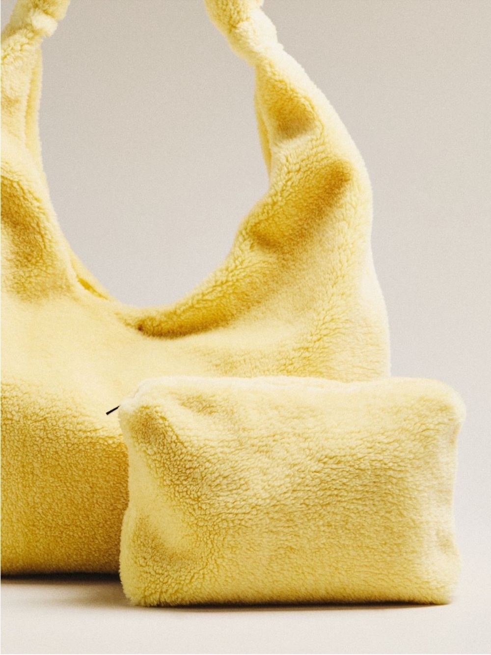 Anthropologie Love Knot Slouchy Bag & Zipper Pouch Sherpa Fleece Lemon Yellow